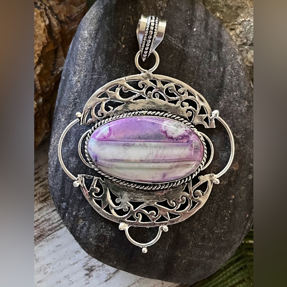 Purple Dendrite Opal Gemstone 2.8” Sterling Silver Pendant